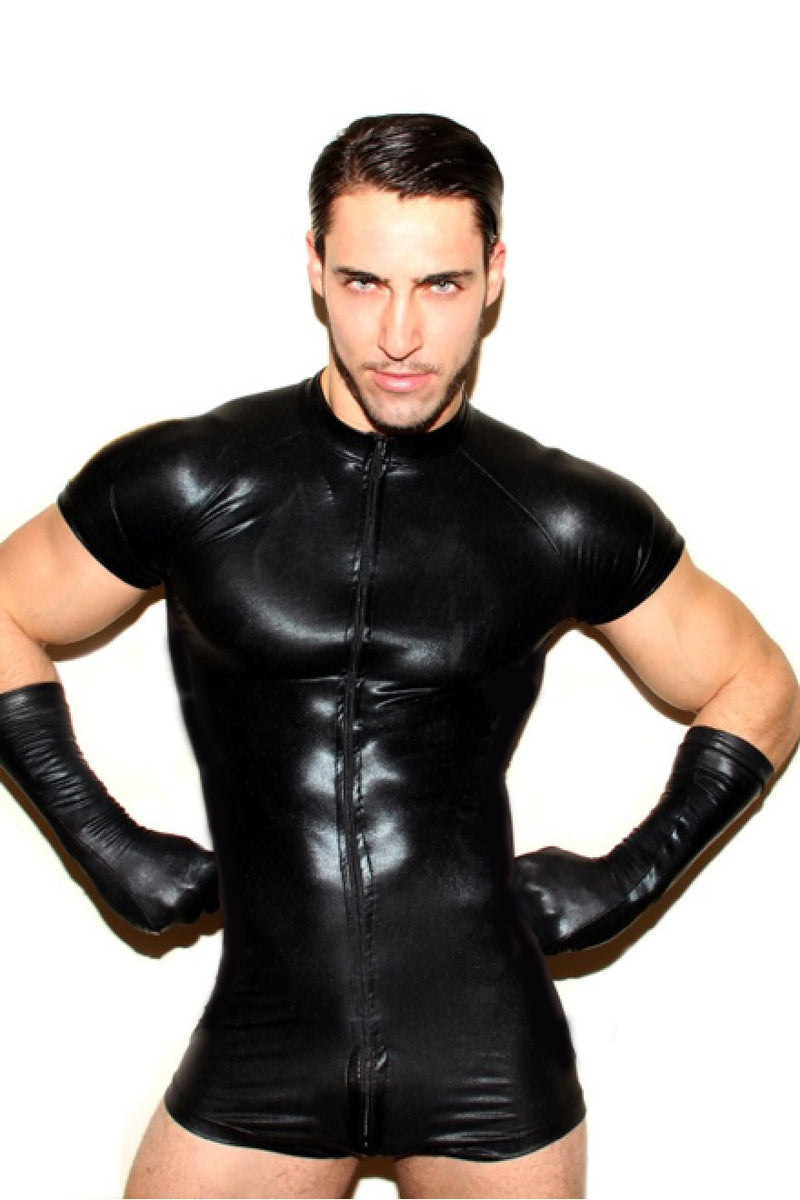 Men's Leather T-shirt Shorts Jumpsuit