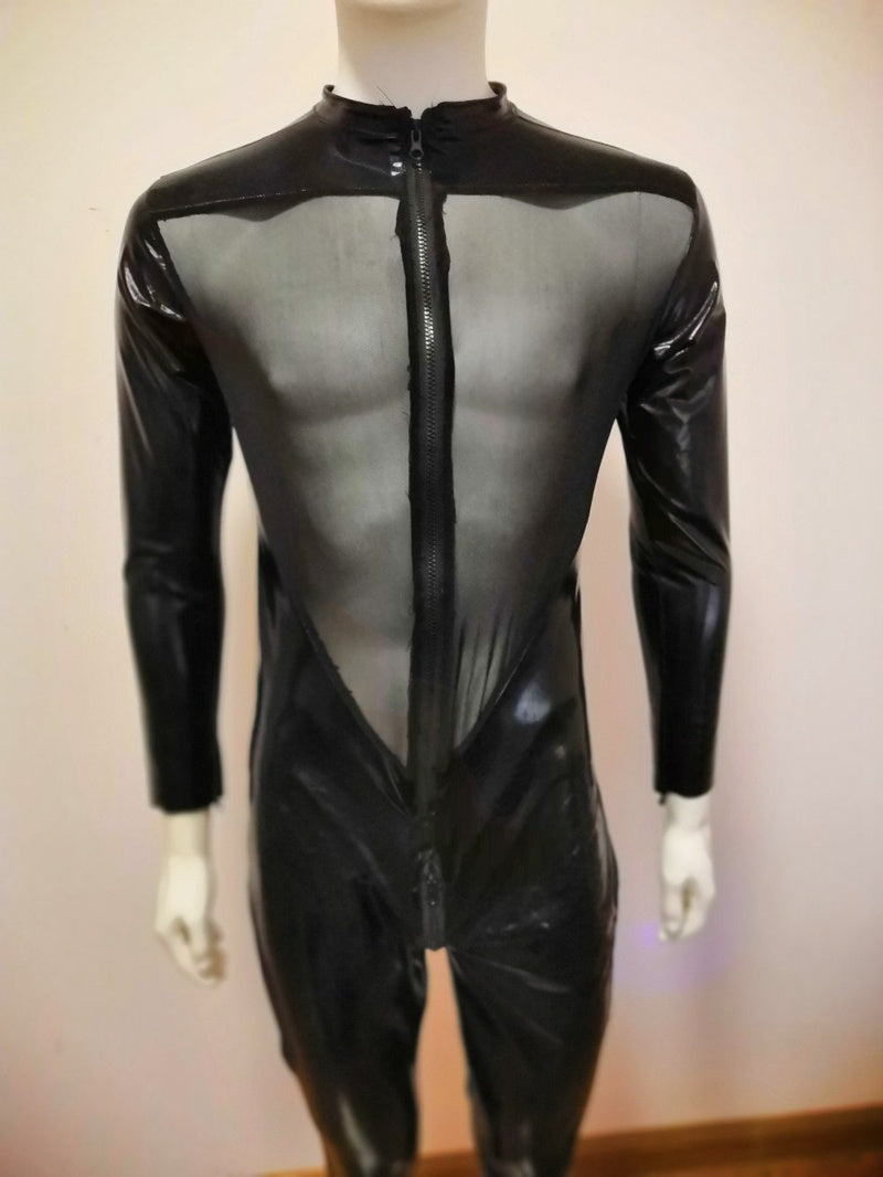 Patent leather mesh stitching jumpsuit