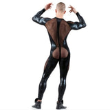Patent leather mesh stitching jumpsuit
