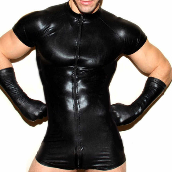 Men's Leather T-shirt Shorts Jumpsuit