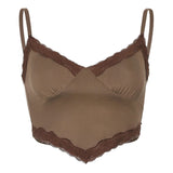 Streetwear Strap Lace Trim Brown Top
