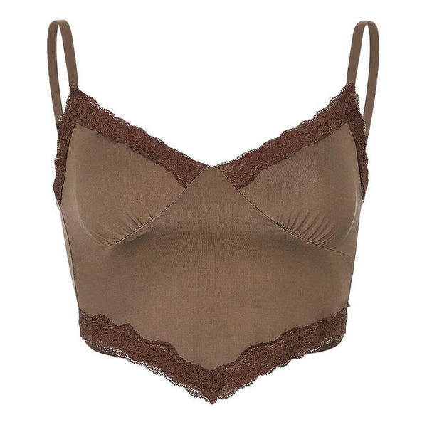 Streetwear Strap Lace Trim Brown Top