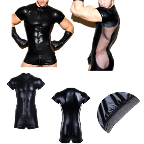 Men's Leather T-shirt Shorts Jumpsuit